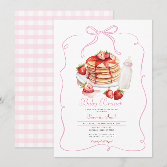 Invitation Baby Brunch Crêpes Fraise à Ruban Rose (Devant / Derrière)