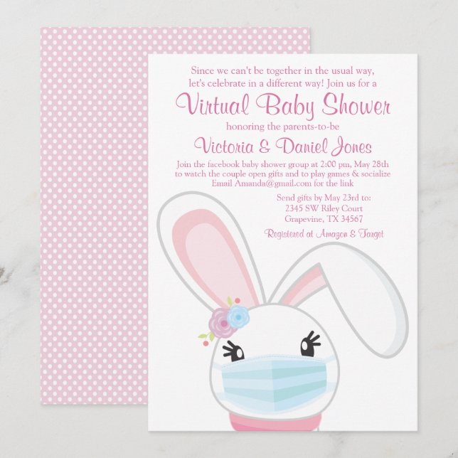 Invitation Baby Bunny Masque fille Baby shower virtuel (Devant / Derrière)