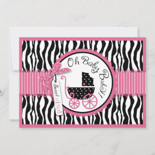 Invitation Baby Carriage, Zebra Print & Hot Pink Baby Shower