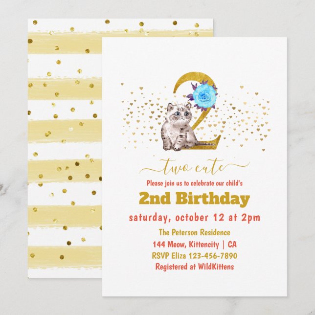 Invitation Baby Cat and Flowers 2e anniversaire (Devant / Derrière)