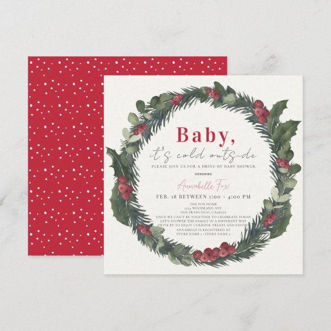 Invitation Baby C'est Cold Holiday Wreath Drive-by Baby showe (Devant / Derrière)