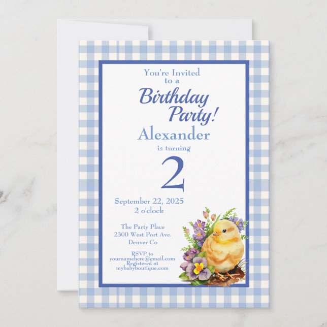 Invitation Baby Chick Boys Blue Anniversaire Party (Devant)