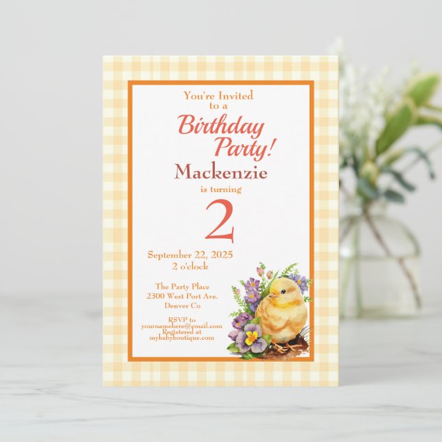 Invitation Baby Chick Jaune fête d'anniversaire (Debout devant)