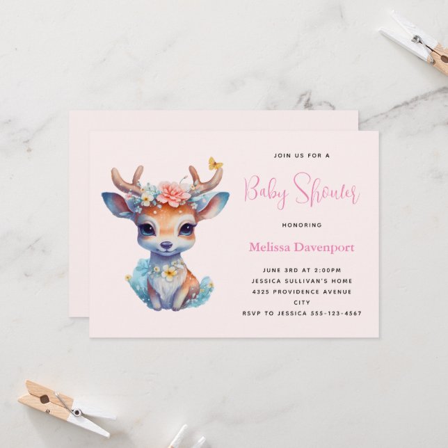 Invitation Baby Deer avec Antlers et Baby shower de fleurs (Devant/Arrière en situation)