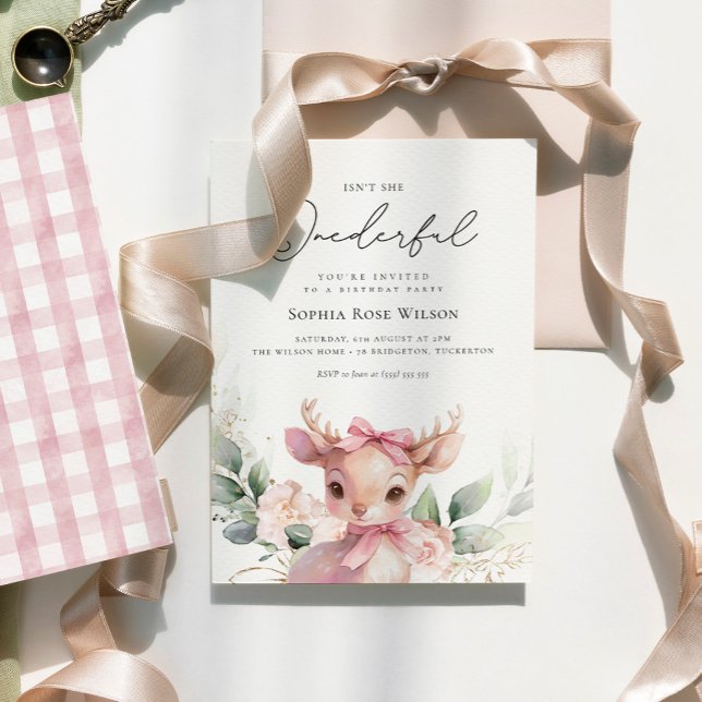 Invitation Baby Deer Floral Rose Bow Onederful 1er anniversai (Créateur téléchargé)