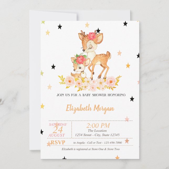 Invitation Baby Deer Flowers Étoiles, Princess Baby shower (Devant)