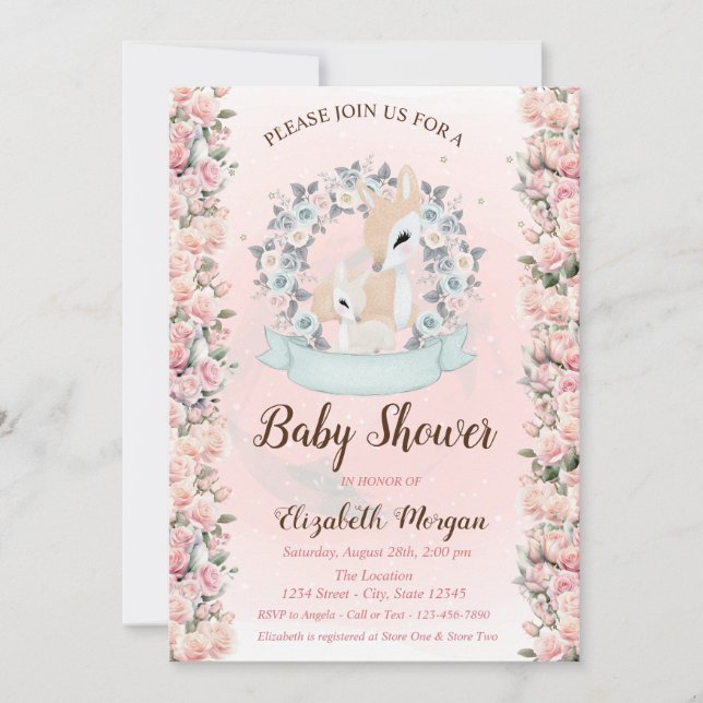 Invitation Baby Deers Fleurs Rose Baby shower (Devant)
