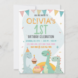 Invitation Baby Dinosaur 1st Birthday Party Cute Pastel