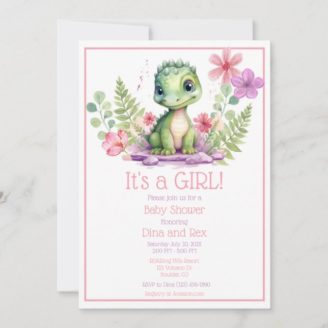 Invitation Baby Dinosaur Fleurs Filles (Devant)