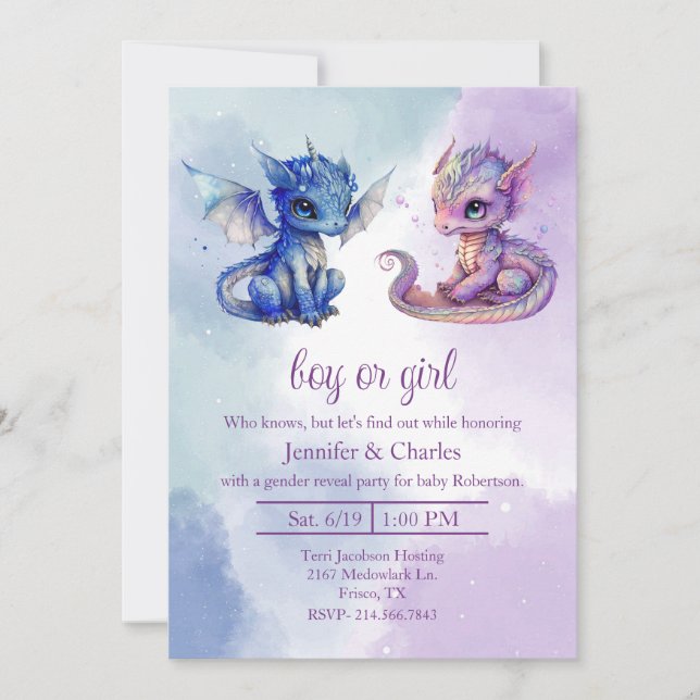 Invitation Baby Dragons Fête de révélation de genre (Devant)
