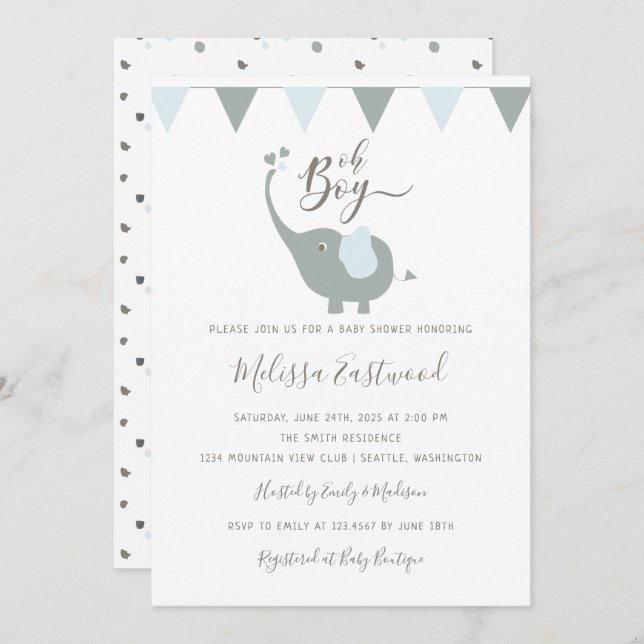 Invitation Baby Elephant Baby shower Oh Boy Party (Devant / Derrière)