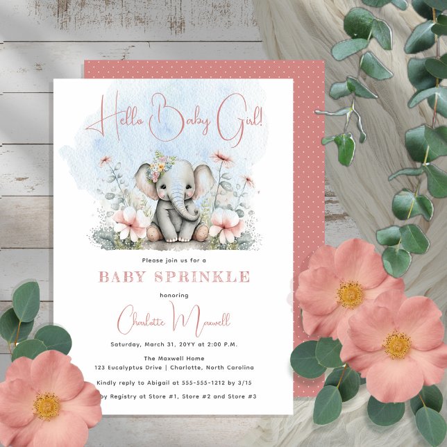 Invitation Baby Elephant Bonjour Bébé Fille Floral Baby Sprin (Créateur téléchargé)