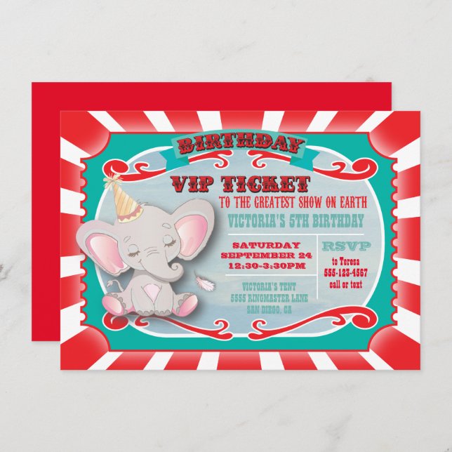 Invitation Baby Elephant Circus Billets Anniversaire Invitati (Devant / Derrière)