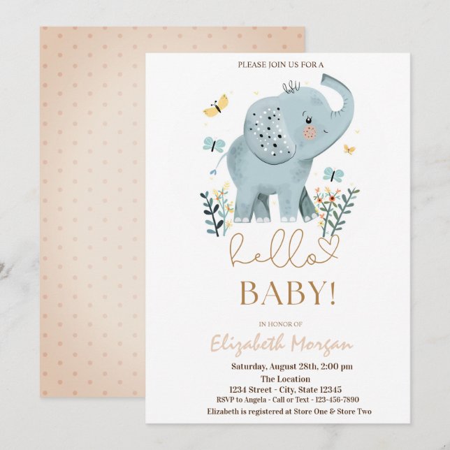 Invitation Baby Elephant Fleurs Baby shower papillon Points (Devant / Derrière)