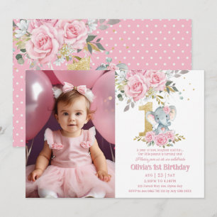 Invitation Baby Eléphant Floral Rose Un 1er Anniversaire Phot