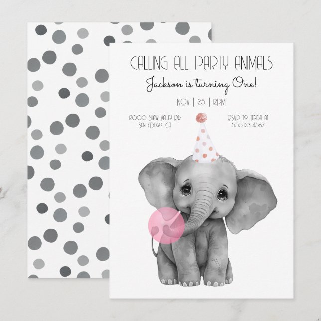 Invitation Baby Elephant noir et blanc Anniversaire (Devant / Derrière)