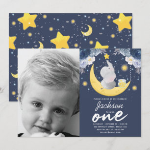 Invitation Baby Elephant on Moon Photo d'anniversaire
