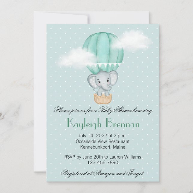 Invitation Baby Elephant Pale Green Hot Air Balloon Invitat (Devant)