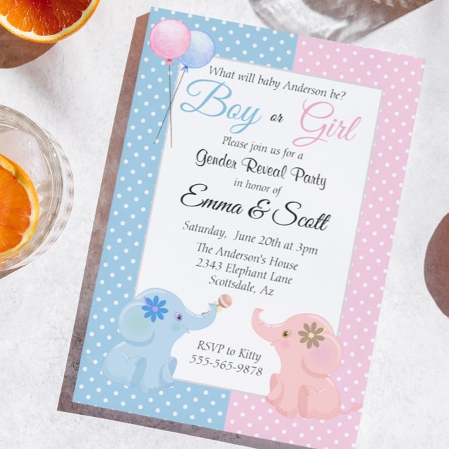 Invitation Baby Elephant rose Bleu Genre Revela Party (Créateur téléchargé)