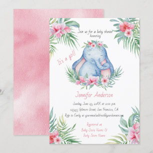 Invitation Baby Elephant Tropical Floral Baby Girl Show