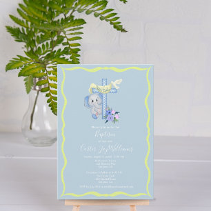 Invitation Baby Elephant With Cross and Dove Baptism Card
