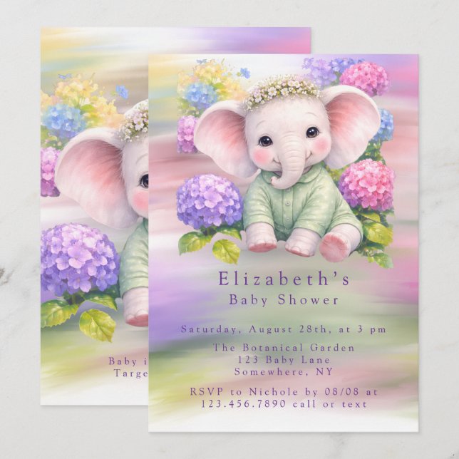 Invitation Baby Elephant with Hydrangeas Baby Shower  (Devant / Derrière)