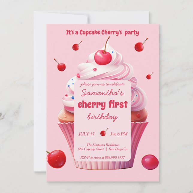 Invitation Baby First Cherry & Cupcake fête d'anniversaire (Devant)