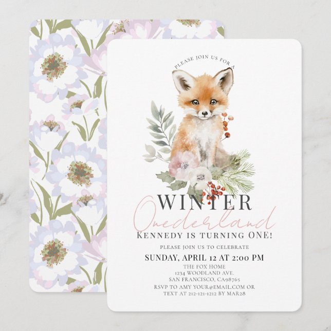 Invitation Baby Fox Winter Onederland Girl 1er anniversaire (Devant / Derrière)