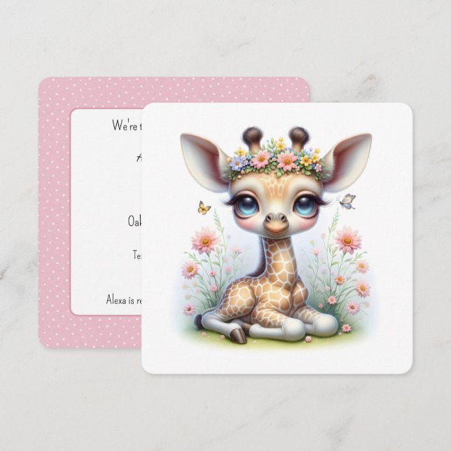 Invitation Baby Giraffe En Baby shower Fleurs (Devant / Derrière)