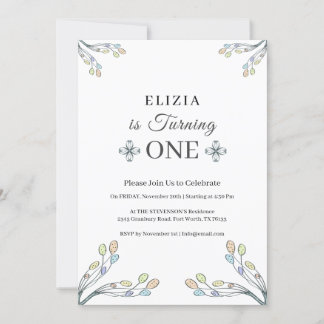 Invitation Baby Girl 1er anniversaire Blanc Retro Floral