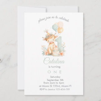 Invitation Baby Girl 1st Birthday highland cow