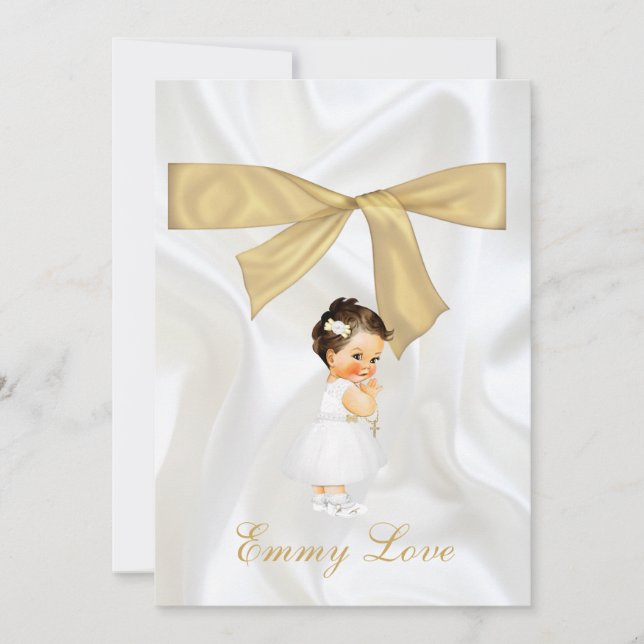 Invitation Baby Girl Baptism Christening Gold Cross Merci (Devant)