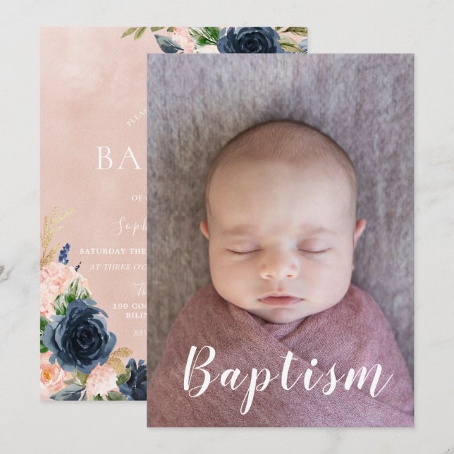 Invitation Baby Girl Baptism Christening Navy Blush Floral (Devant / Derrière)