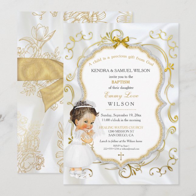 Invitation Baby Girl Baptism Communion Gold Cross (Devant / Derrière)