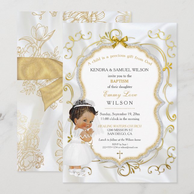 Invitation Baby Girl Baptism Communion Gold Cross (Devant / Derrière)