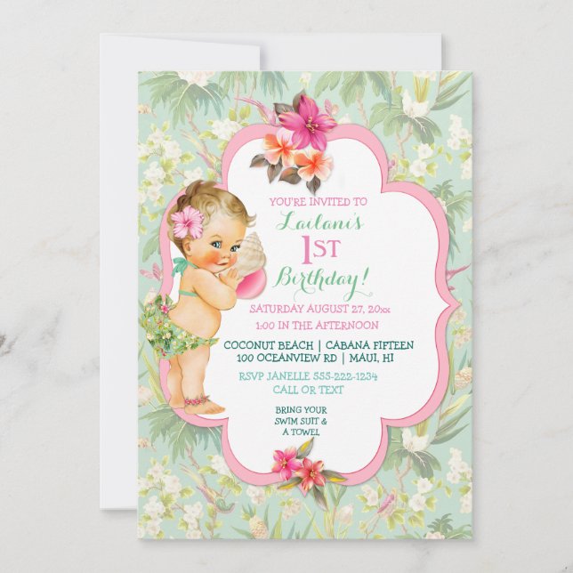 Invitation Baby Girl Bikini Tropical Luau Hawaiian Shell (Devant)