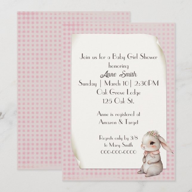 Invitation Baby Girl Boho Bunny Baby shower (Devant / Derrière)