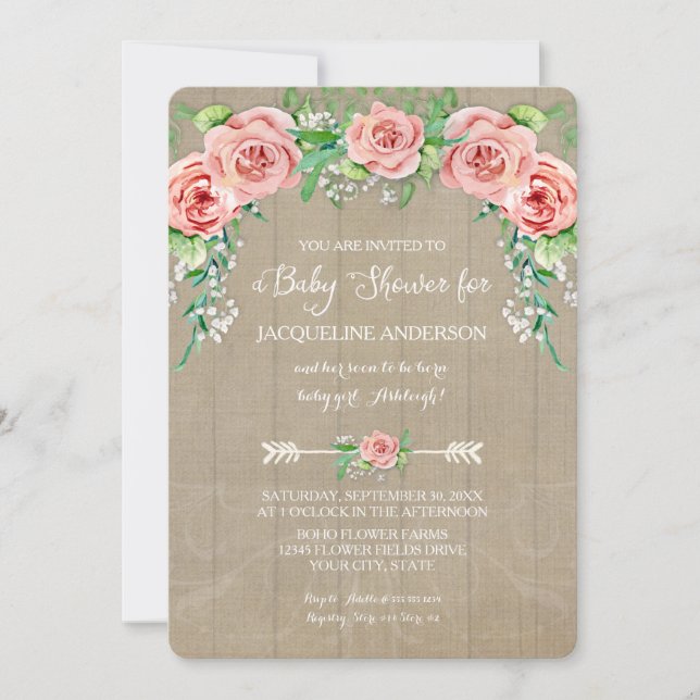 Invitation Baby Girl Douche Fleur BOHO Couronne Barne Bois Bo (Devant)
