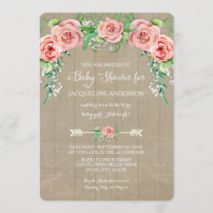 Invitation Baby Girl Douche Fleur BOHO Couronne Barne Bois Bo