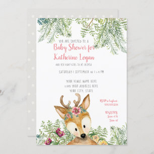 Invitation Baby Girl Douche Forêt Forêt Gris Cerf Floral