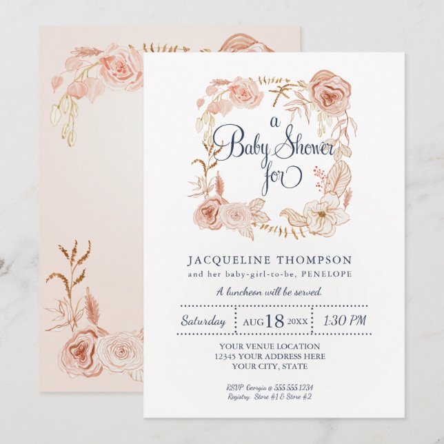 Invitation Baby Girl Douche Marine Blush Rose Aquarelle Flora (Devant / Derrière)