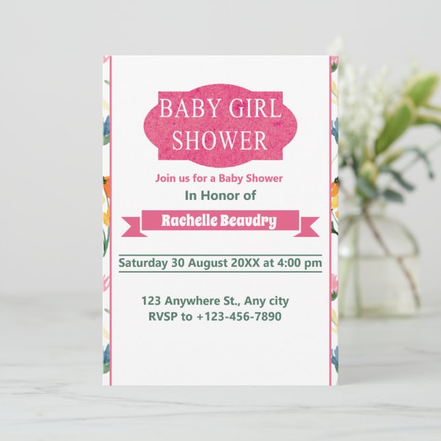 Invitation Baby Girl Douche Petit fleur sauvage Aquarelle (Debout devant)