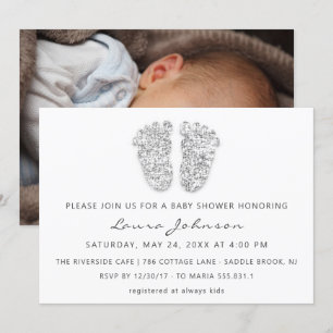 Invitation Baby Girl Douche pieds Parties scintillant blanc g