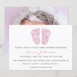 Invitation Baby Girl Douche pieds Parties scintillant rose bl