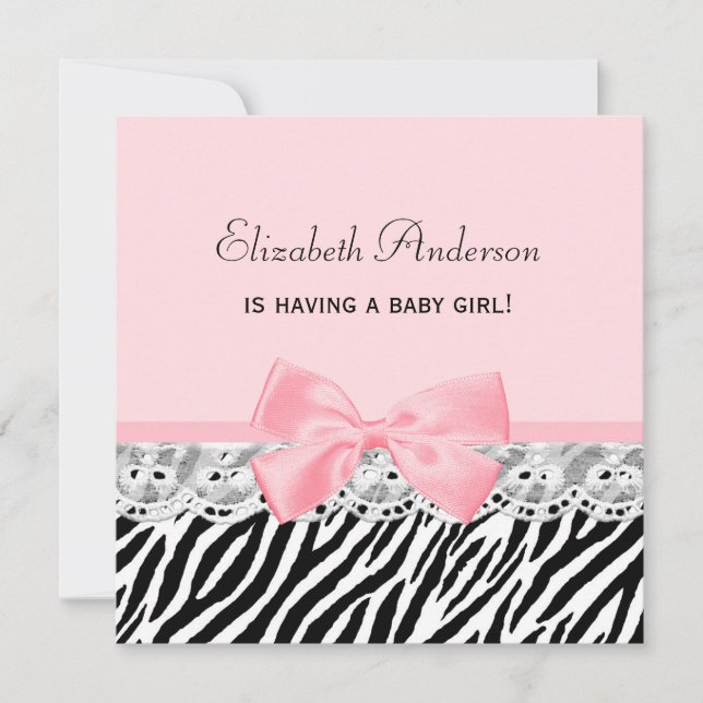 Invitation Baby Girl Douche rose ruban et dentelle Zebra Impr (Devant)