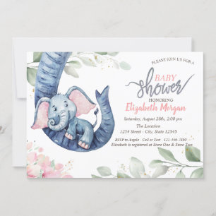 Invitation Baby Girl Elephant Feuille Baby shower Floral