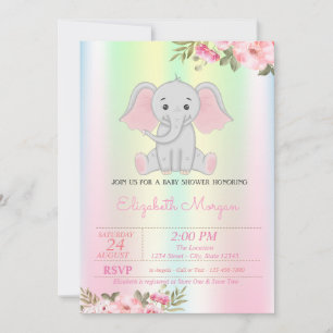 Invitation Baby Girl Elephant, Iridescente Baby shower Floral
