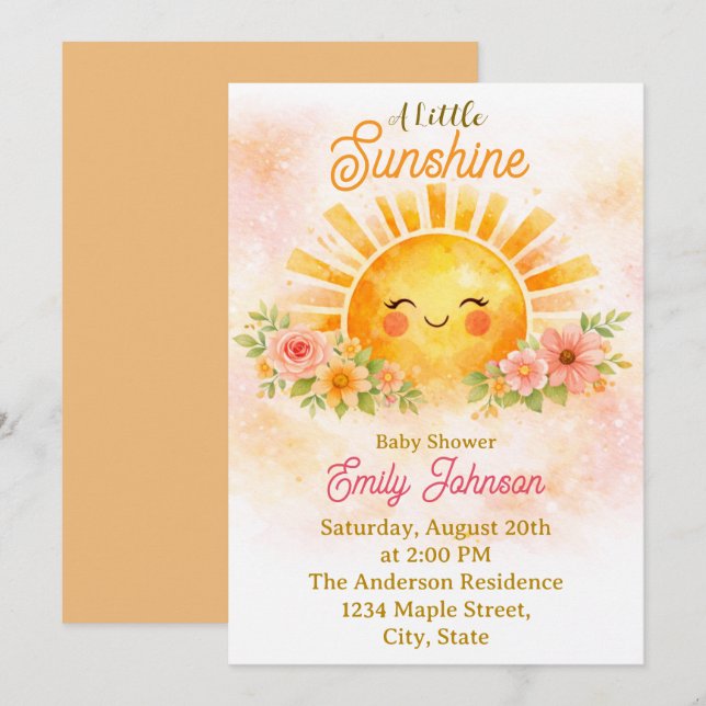 Invitation Baby Girl Floral Sunshine Shower (Devant / Derrière)