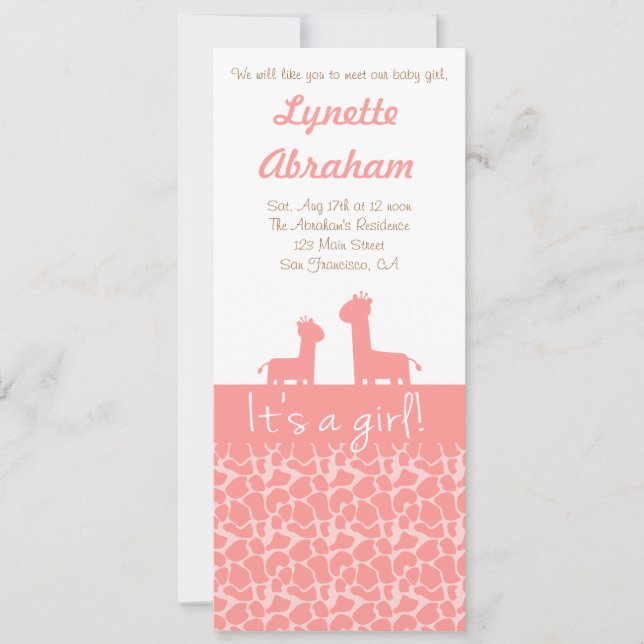 Invitation Baby Girl - Girafe rose silhouettes et empreintes (Devant)