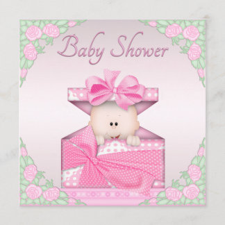 Invitation Baby Girl in Gift Box and Rose Baby shower